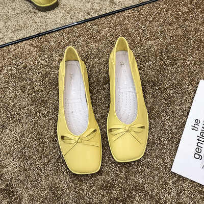 

Summer Bean Shoes Womens Square Head Shallow Butterfly Knot Work Shoes Womens Flat Bottom Soft sole Single Shoes