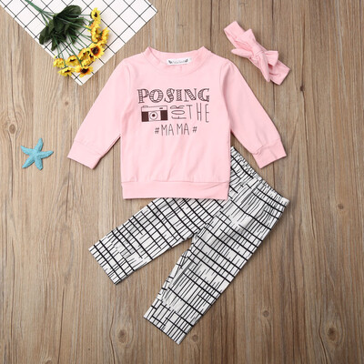 

3pcs Autumn Baby Girls Outfits Set Headband Tops Pant Leggings Newborn Infant