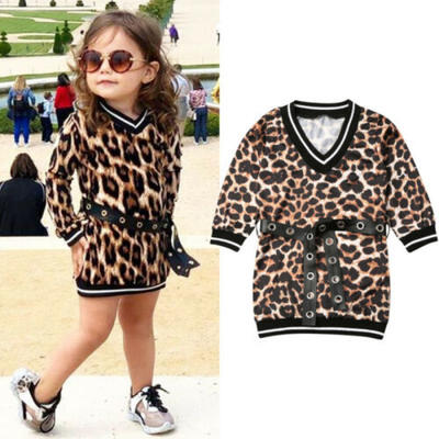 

US Toddler Kids Baby Girl Leopard Print Clothes V-neck Sweater DressBelt Outfit