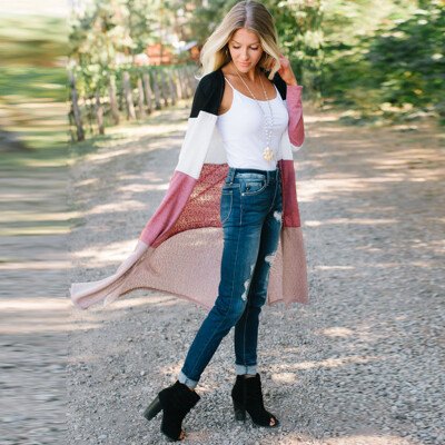 

Roseonmyhand Women Spring Long Sleeve Casual Open Front Patchwork Cardigan Jacket Coat