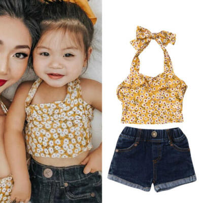 

US Summer Toddler Baby Girl Clothes Floral Halter Tops Denim Shorts Outfit Set