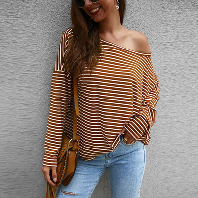 

Women Loose Oblique Collar Summer Stripes Print Loose Long Sleeve Casual Simple Wild T-Shirt