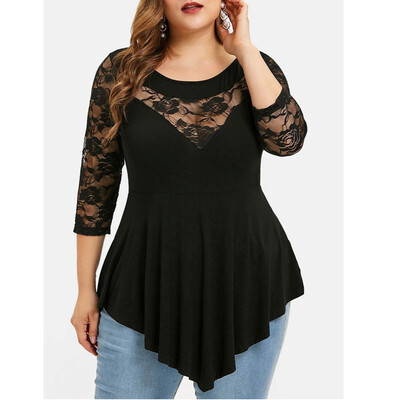 

Roseonmyhand Plus Size Women Solid Floral Lace O-Neck Asymmetric Three Quarter Tops Blouse