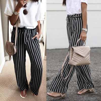 

Tailored Fashion Womens Sexy Wide Leg Loose Pants Striped Printed Belt Bandage Long Pants