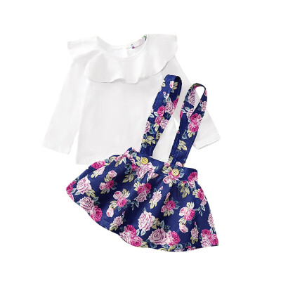 

Autumn Baby Girl Flare Long Sleeve Cotton T-shirt Blouse Strap Floral Skirts Casual Outfits Set