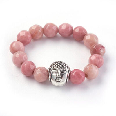 

Natural Rhodochrosite Strech Rings with Alloy Buddha Beads Faceted Round Antique Silver Size 8 18mm