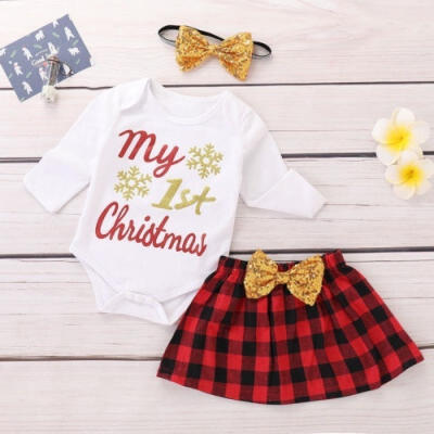 

Baby Kids Boys Girls Cute My 1st Christmas Long Sleeve Romper Jumpsuit TopsBowknot Party Mini Skirts Outfits 3Pcs Set