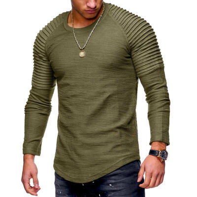 

Fashion Mens Round Neck Slim Solid Color Long-sleeved T-shirt Folding Hip-Hop Casual T-Shirt Tops For Men