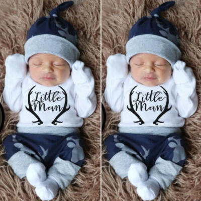 

US Newborn Baby Boy Clothes Little Man Romper TopsDeer PantsHat Xmas Outfits