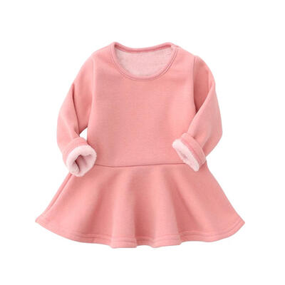 

Baby Girls Round Neck Solid Long Sleeve Fleece Pleated Dress Kids Clothes