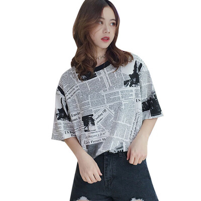 

Newspaper Print Casual Loose T-Shirt Women Short Sleeve O Neck Harajuku Women T-Shirts Korean Style Long Tshirt camiseta mujer