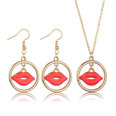 

3PCS Women Trendy Earrings&Necklace Jewelry Set Lips In Hallow Round Female Jewelry Women Gold Wedding Jewelry Sets