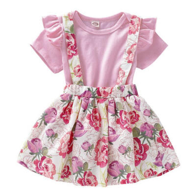 

Newborn Baby Girls Ruffle Tops Floral Strap Skirt Kids 3Pcs Dress Outfits Set