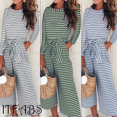 

Womens Striped Wide Leg Holiday Jumpsuit Playsuit Culotte Hot