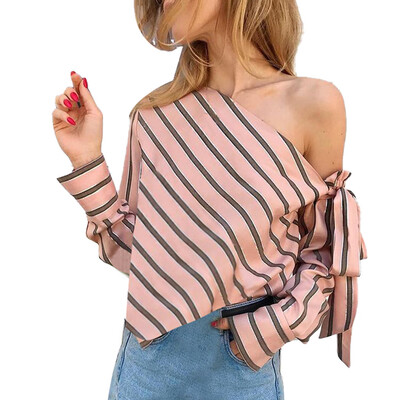 

Starmoon Fashion Women Sexy Long Sleeve Stripe Off Shoulder Bow Shirt Blouse Tops