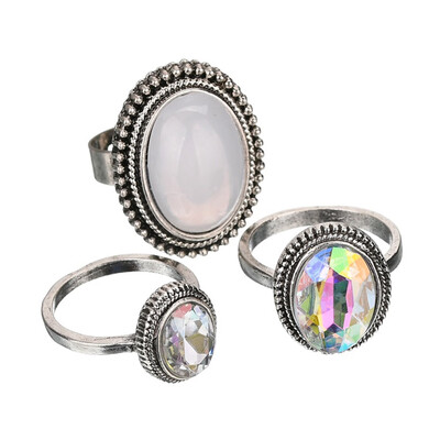 

3 PCS Set Vintage Crystal Finger Ring Set Ethnic Boho Bohemia Rings For Women