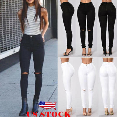 

Womens Denim Skinny Ripped Pants High Waist Stretch Jeans Slim Pencil Trousers