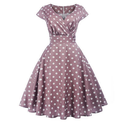 

Vintage Hepburn Style Flower Print Dress Women V-neck Tunic Swing Dresses