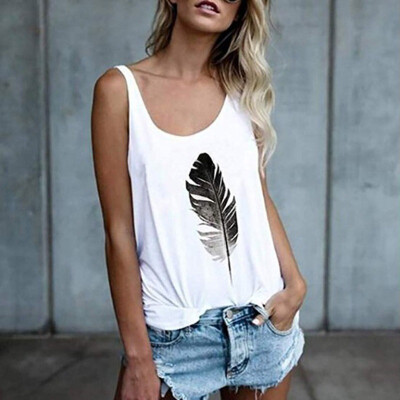 

Sexy Summer Womens T-Shirts Feather Print Casual Vest Top Sleeveless O Neck Shirts Female Tees Femme Feminina