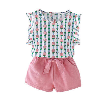 

2pcs Baby Kids Girl Fruit Print Summer O-neck TopsSolid Color Belt Shorts
