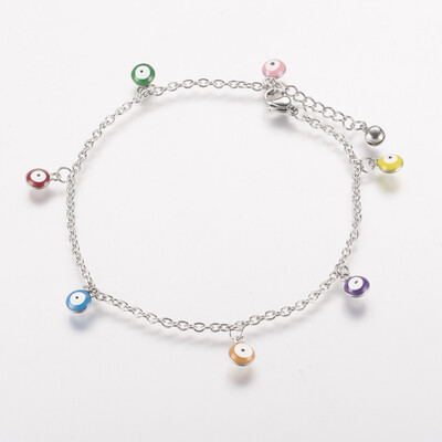 

304 Stainless Steel Charm Anklets with Enamel Charms Evil Eye Platinum Colorful 10-38"263mm 2mm