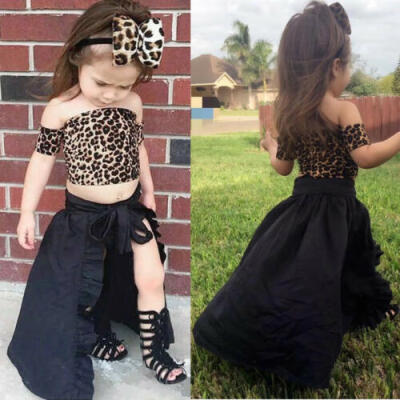 

Fashion Baby Girl Cute Party Leopard Wipe TopDovetail Skirt Pants Hair Band Set