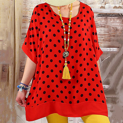 

Summer Women Round Neck Batwing Sleeve Dots Blouse Ladies Loose Long Shirt Tops