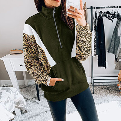 

Tailored Women Fashion Stand Collar Zipper Pockets Leopard Print Outwear Pullover Tops