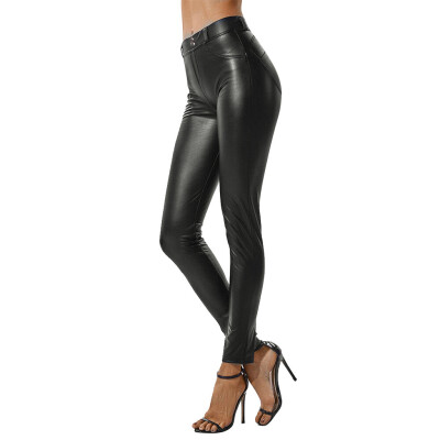 

Tailored Womens Solid Black Slim Leather Pants Casual Stretch Pencil Trousers Thin Pants