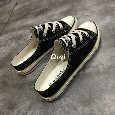 

Womens shoes 2019 new summer canvas shoes womens half drag heel shallow shoes womens tide shoes