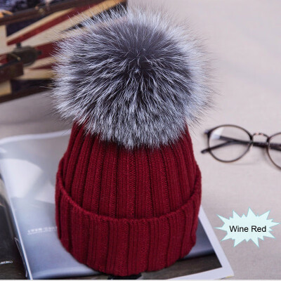 

Newest Large Ball Womens Hat Winter Warm Fox 15cm Fur Pom Knit Berets Ski Casual Pop Cap Bobble