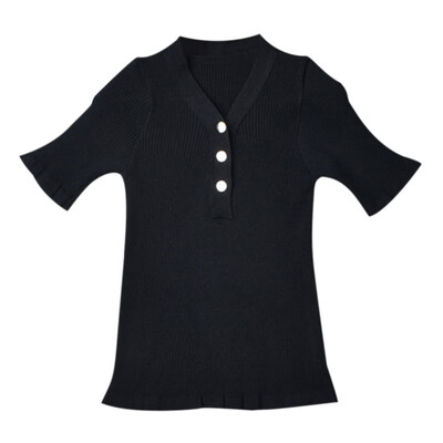 

Summer Tops Women Solid Color V Collar Button Half Sleeve Casual Knit Pullover Slim Tops camisetas verano mujer