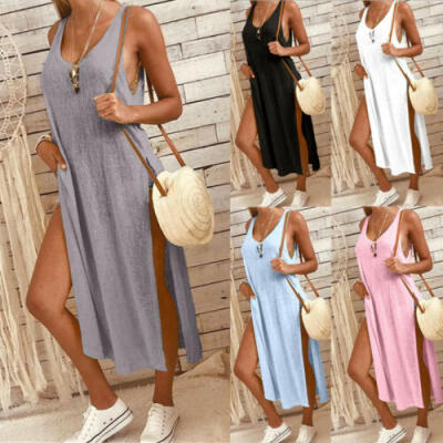 

Plus Size Womens Cotton Summer Sleeveless Long T-Shirt Tank Tops Casual Dress