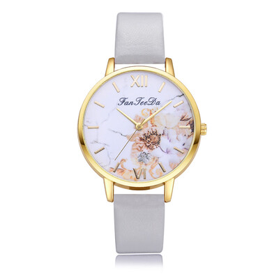 

FanTeeDa Brand Women Print Big Dial Watch Ladies Leather Quartz Watches Gold Color Flower Dress Wristwatch Female 533