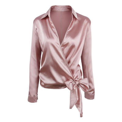 

Elegant Deep V-Neck Long Sleeve Blouse Women Lacing Bowknot Pullovers Tops