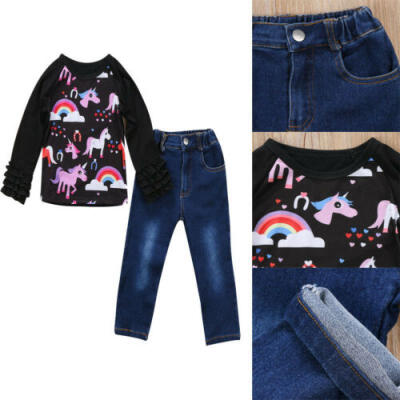 

2PCS Kids Girls Long Sleeve Unicorn Top Denim Jean Pant Sets Clothes Outfits