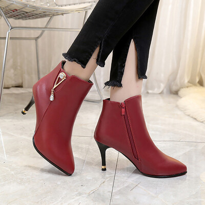 

Rose New Fashion Women Zipper Soild Pointed Toe Thin Heel Shoes Party Boots