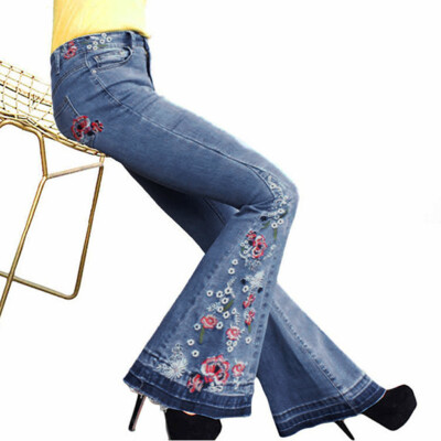 

〖Follure〗Women Summer Elastic Plus Loose Denim Embroidery Casual Boot Cut Pant Jeans