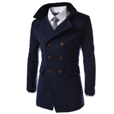 

Slimming Stand Collar Inclined Top Fly Color Spliced Flap Pocket Men\s Long Sleeves Peacoat