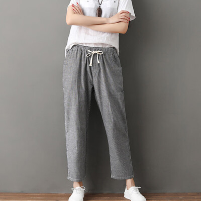 

Tailored Womens Ladies Casual Flax Stripe Wide Leg Cropped Trousers Nine Pants BKL