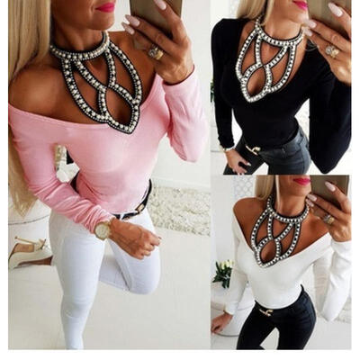 

Sexy Women Beaded Hollow-out Long Sleeve Off-shoulder Blouse