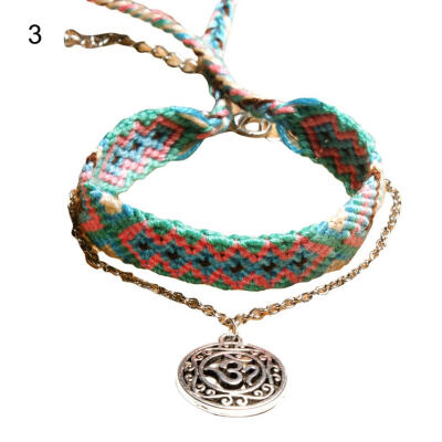 

2PcsSet Boho Women OM Wave Charm Colorful Handwoven Bracelet Anklet Jewelry