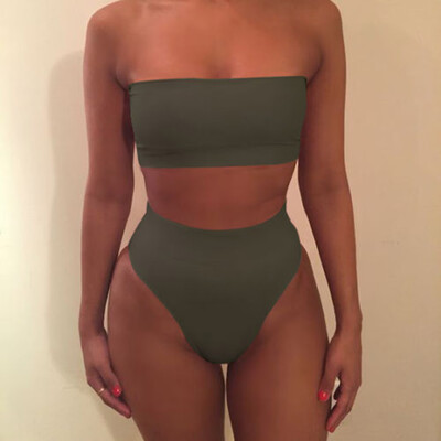 

Lady Bandeau High Waisted Triangle Bikini Set 2 Piece NO Padded Swimsuit Bathing