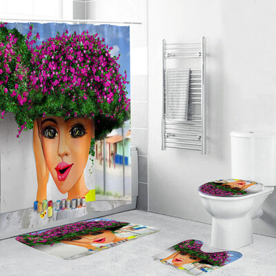 

Toponeto 4PCS Non Slip Toilet Polyester Cover Mat Set Bathroom Shower Curtain