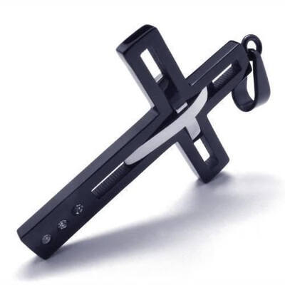 

Mens Black Titanium Steel Punk Cross Pendant Chain Hollow Fashion Necklace