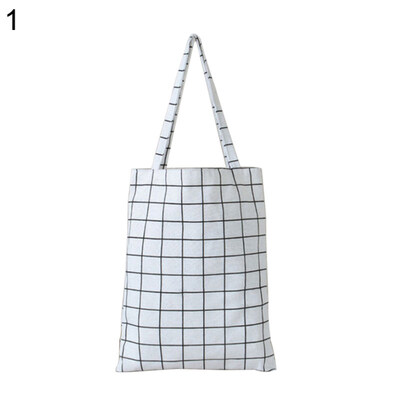

Linen Shopping Bag Daily Use Foldable Large Capacity Plaid Shoulder Tote Handbag