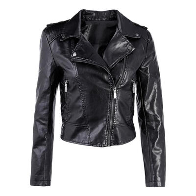 

Women Autumn Turn Down Collar Faux Leather Riding Jacket Street Zipper Coat