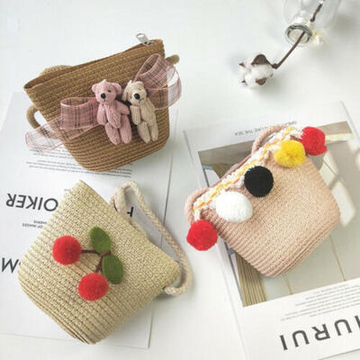 

Kids Childrens Girls Messenger Bags Bag Coin Purse Beach Straw Fruit Toddler