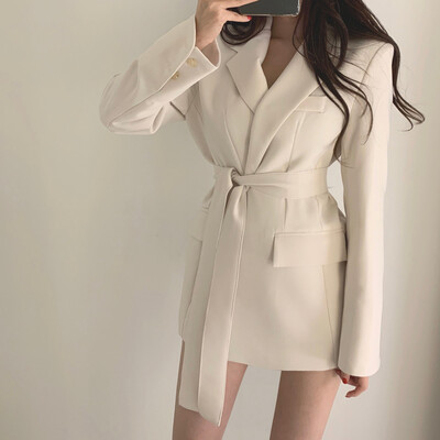 

Gobestart Fashion Women Outwear Solid Long Sleeves Lapel Belt Bandage Slim Suit Coat