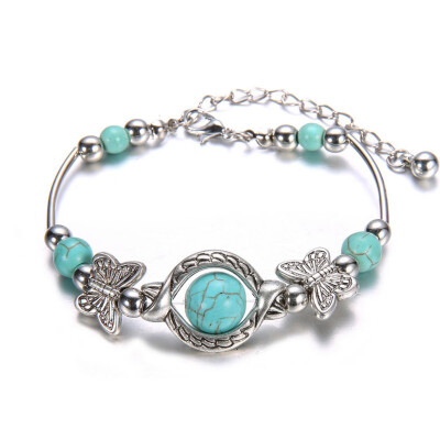 

Hot Popular Europe Fashion Antique Turquoise Beads Silver Plated Butterfly Bracelet